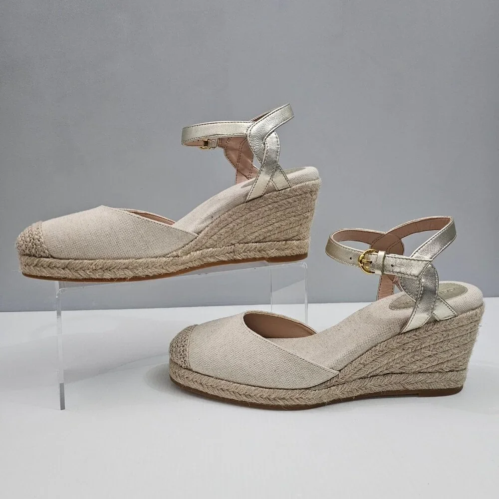 Cole Haan Cloudfeel Espadrille Wedge II Womens 9.5 Linen Soft Gold Summer NEW